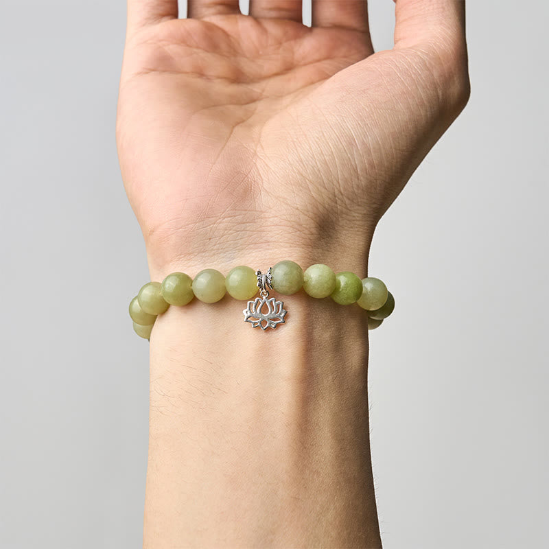Wear FengShui 925 Sterling Silver Lotus Natural Cyan Jade Luck Bracelet