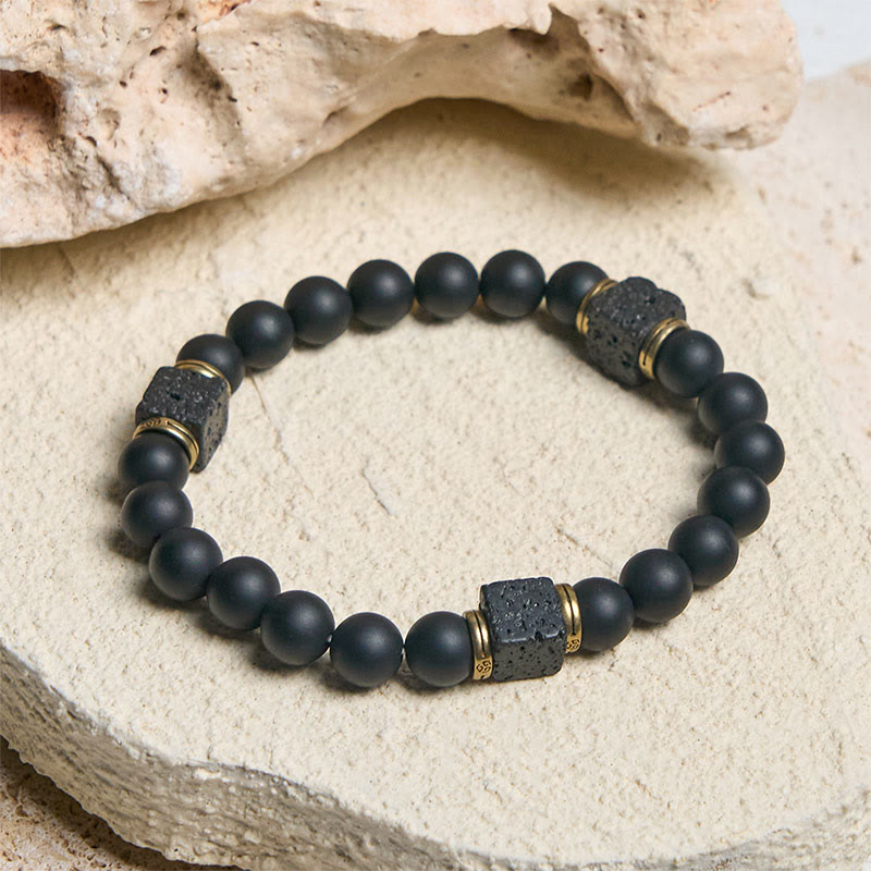 Wear FengShui Natural Frosted Black Onyx Square Lava Rock Fortune Bracelet