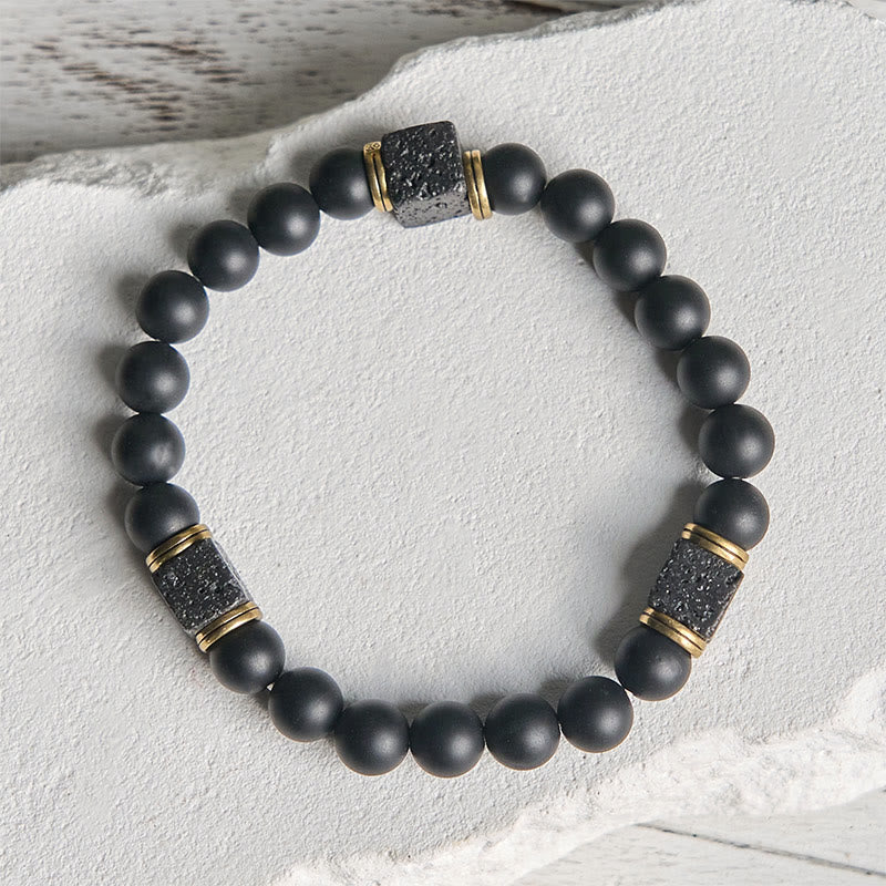 Wear FengShui Natural Frosted Black Onyx Square Lava Rock Fortune Bracelet