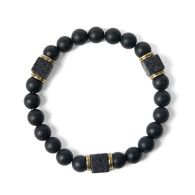 Wear FengShui Natural Frosted Black Onyx Square Lava Rock Fortune Bracelet