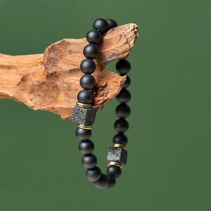 Wear FengShui Natural Frosted Black Onyx Square Lava Rock Fortune Bracelet