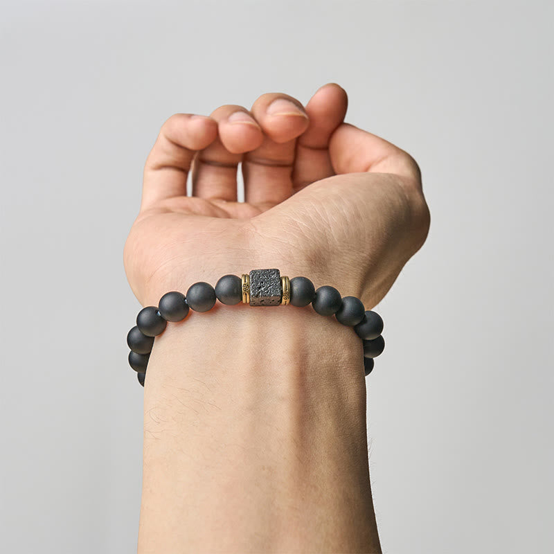 Wear FengShui Natural Frosted Black Onyx Square Lava Rock Fortune Bracelet