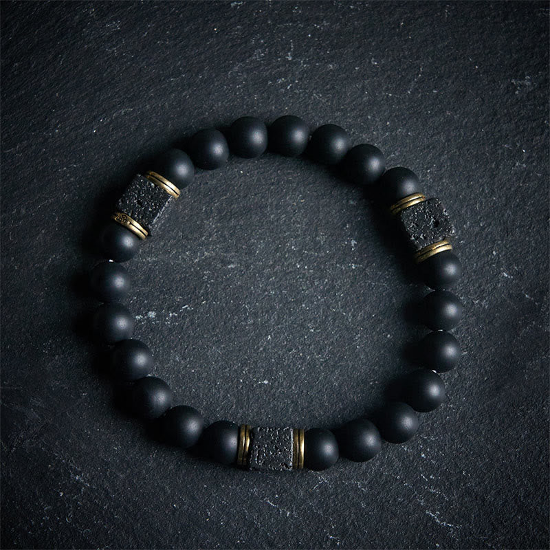Wear FengShui Natural Frosted Black Onyx Square Lava Rock Fortune Bracelet