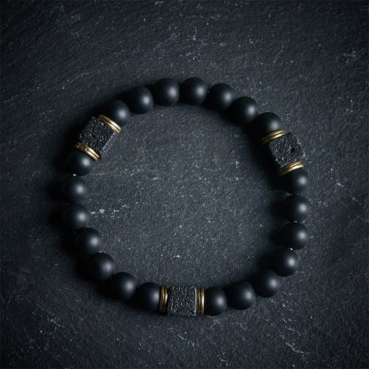 Wear FengShui Natural Frosted Black Onyx Square Lava Rock Fortune Bracelet