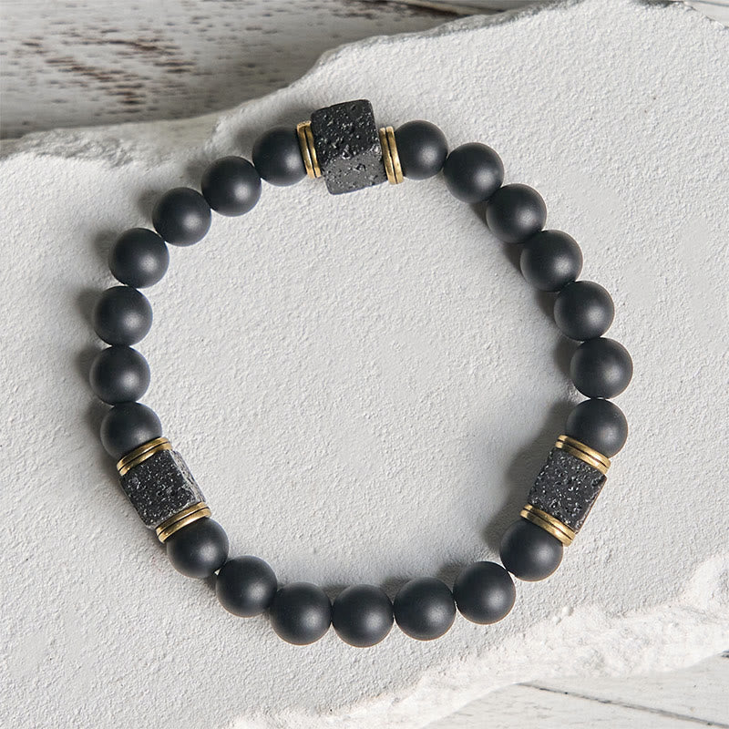 Wear FengShui Natural Frosted Black Onyx Square Lava Rock Fortune Bracelet
