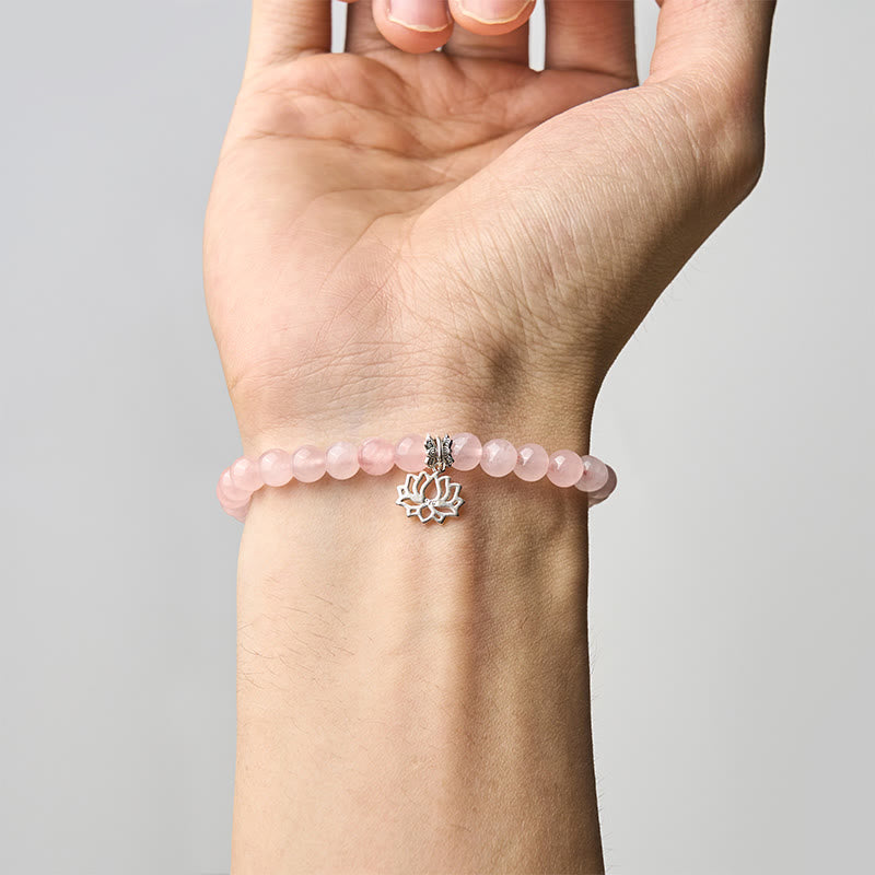 Wear FengShui 925 Sterling Silver Lotus Design Natural Pink Crystal Soothing Bracelet