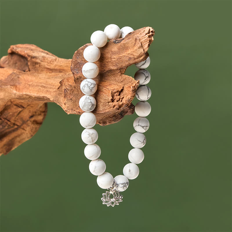 Wear FengShui 925 Sterling Silver Lotus Design Natural White Turquoise Wealth Bracelet