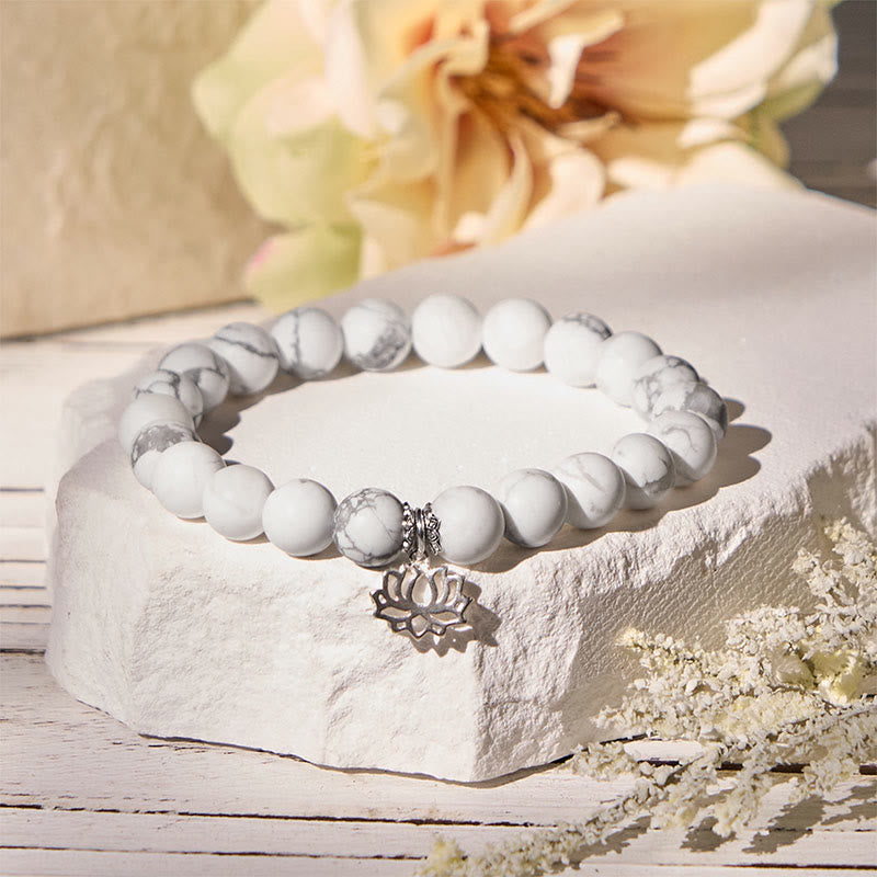 Wear FengShui 925 Sterling Silver Lotus Design Natural White Turquoise Wealth Bracelet