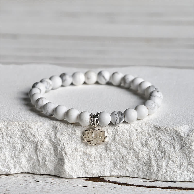 Wear FengShui 925 Sterling Silver Lotus Design Natural White Turquoise Wealth Bracelet