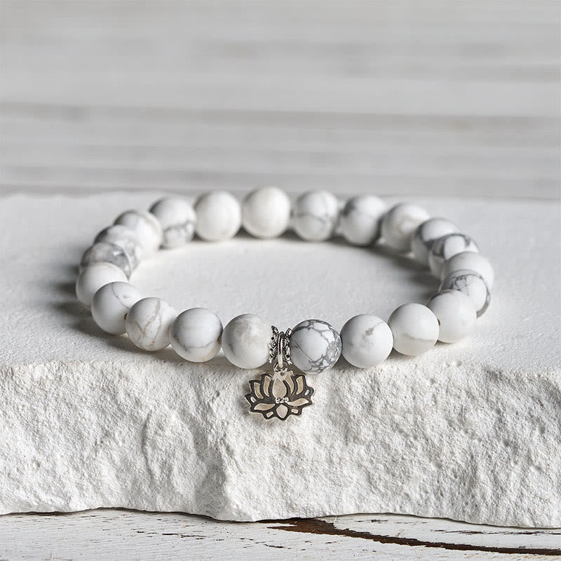 Wear FengShui 925 Sterling Silver Lotus Design Natural White Turquoise Wealth Bracelet