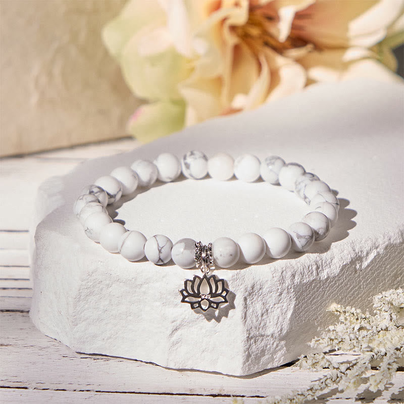 Wear FengShui 925 Sterling Silver Lotus Design Natural White Turquoise Wealth Bracelet