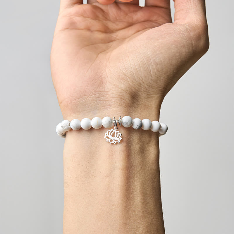 Wear FengShui 925 Sterling Silver Lotus Design Natural White Turquoise Wealth Bracelet