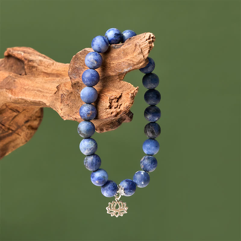 Wear FengShui 925 Sterling Silver Lotus Design Natural Sodalite Positive Beads Harmony Bracelet
