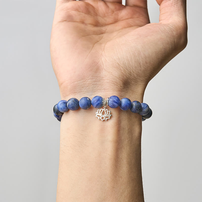 Wear FengShui 925 Sterling Silver Lotus Design Natural Sodalite Positive Beads Harmony Bracelet