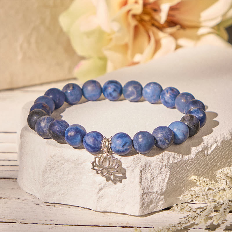 Wear FengShui 925 Sterling Silver Lotus Design Natural Sodalite Positive Beads Harmony Bracelet