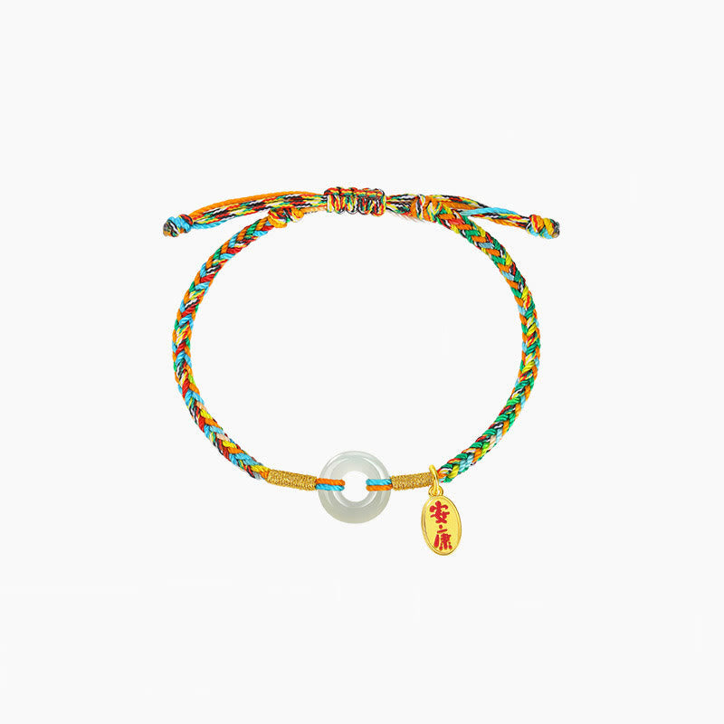 Wear FengShui Handmade Peace Buckle Jade Prosperity 925 Sterling Silver Colorful Rope Bracelet