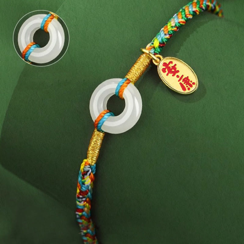 Wear FengShui Handmade Peace Buckle Jade Prosperity 925 Sterling Silver Colorful Rope Bracelet