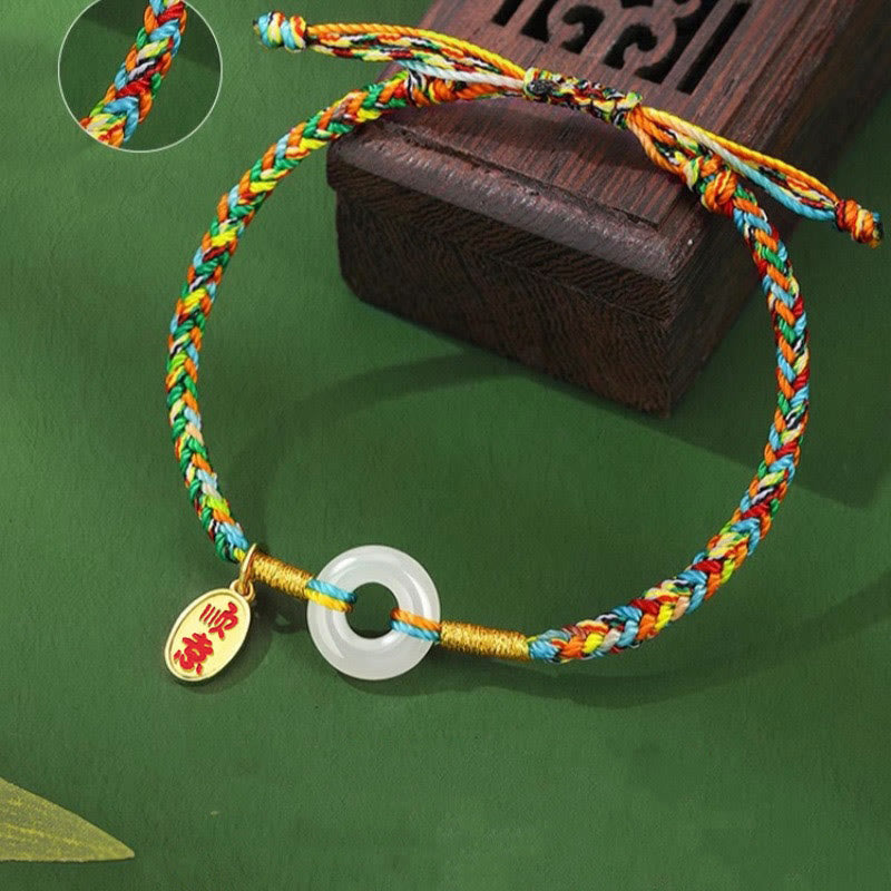 Wear FengShui Handmade Peace Buckle Jade Prosperity 925 Sterling Silver Colorful Rope Bracelet