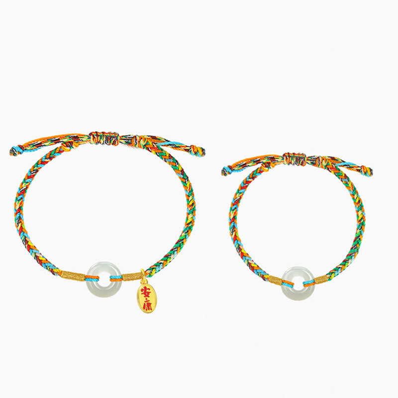 Wear FengShui Handmade Peace Buckle Jade Prosperity 925 Sterling Silver Colorful Rope Bracelet