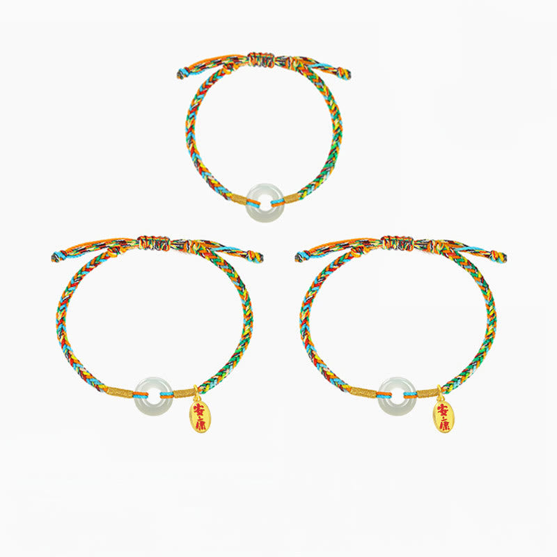 Wear FengShui Handmade Peace Buckle Jade Prosperity 925 Sterling Silver Colorful Rope Bracelet