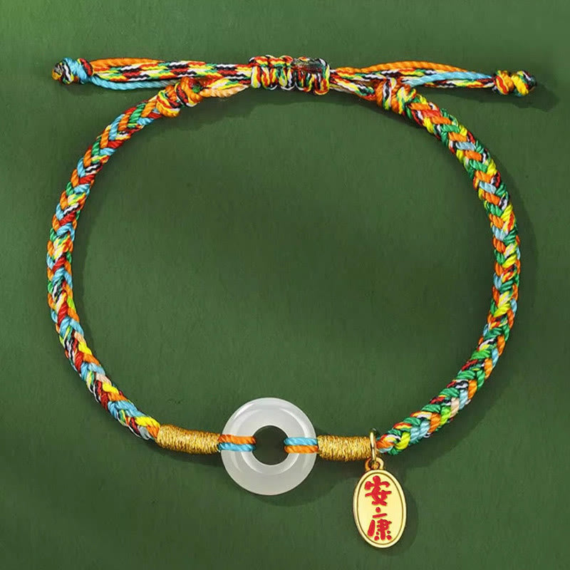 Wear FengShui Handmade Peace Buckle Jade Prosperity 925 Sterling Silver Colorful Rope Bracelet