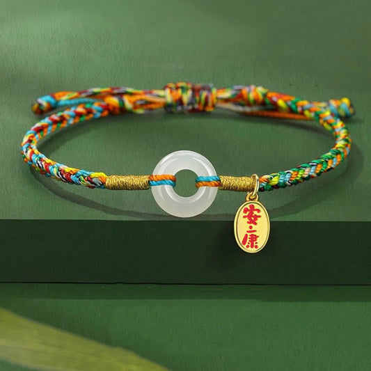 Wear FengShui Handmade Peace Buckle Jade Prosperity 925 Sterling Silver Colorful Rope Bracelet