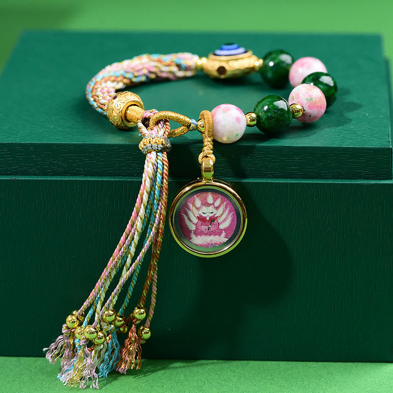 Wear FengShui Tibet Evil Eye Nine Tailed Fox Thangka Keep Away Evil Spirits String Bracelet