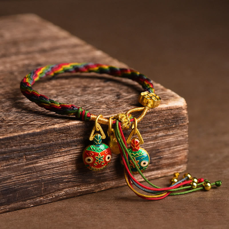 Wear FengShui Tibet Gold Swallowing Beast Family Luck Knot Braid Colorful String Bracelet
