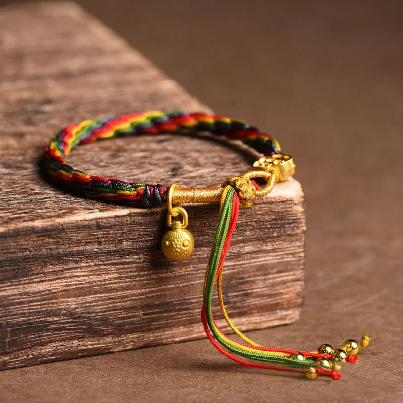 Wear FengShui Tibet Gold Swallowing Beast Family Luck Knot Braid Colorful String Bracelet