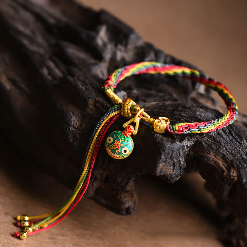 Wear FengShui Tibet Gold Swallowing Beast Family Luck Knot Braid Colorful String Bracelet
