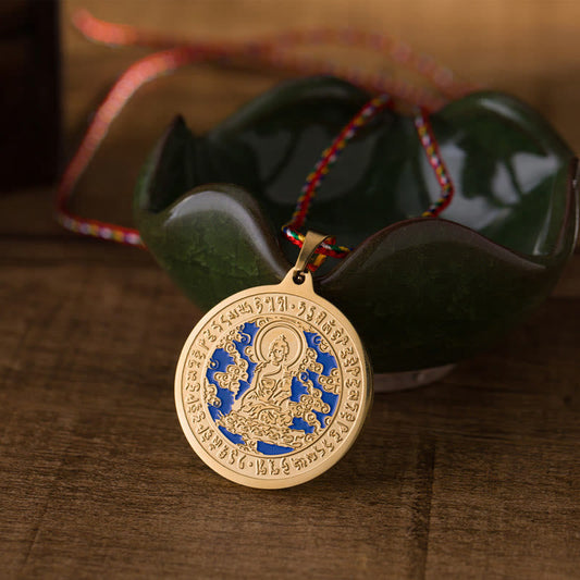 Wear FengShui Blue Medicine Buddha Heart Mantra Titanium Steel Faith Colored Rope Necklace Pendant