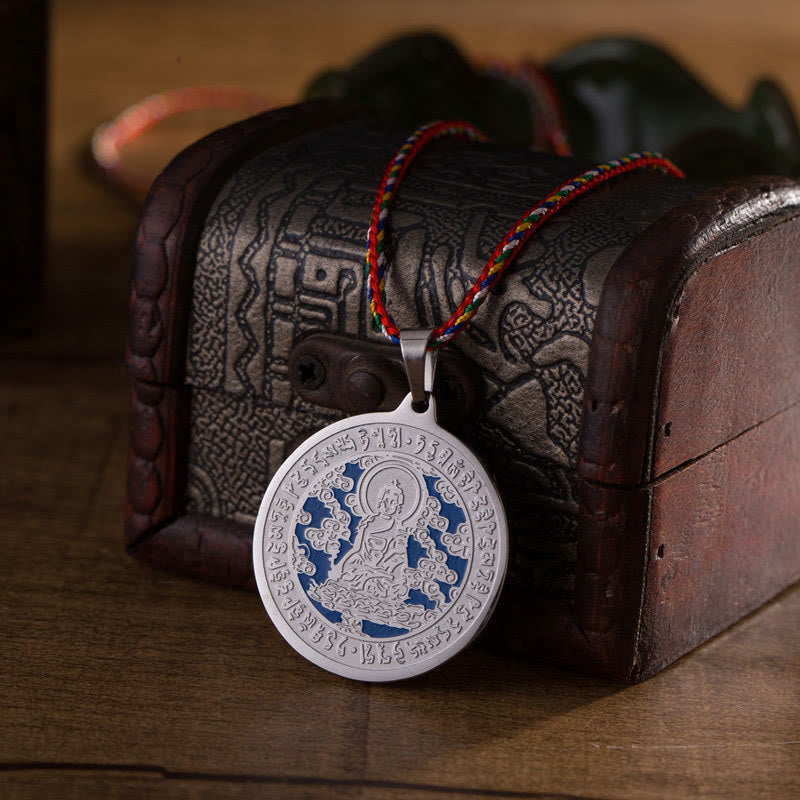 Wear FengShui Blue Medicine Buddha Heart Mantra Titanium Steel Faith Colored Rope Necklace Pendant
