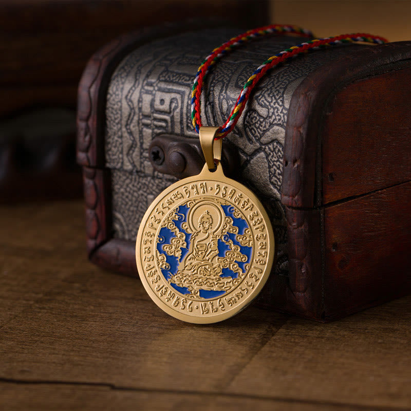 Wear FengShui Blue Medicine Buddha Heart Mantra Titanium Steel Faith Colored Rope Necklace Pendant