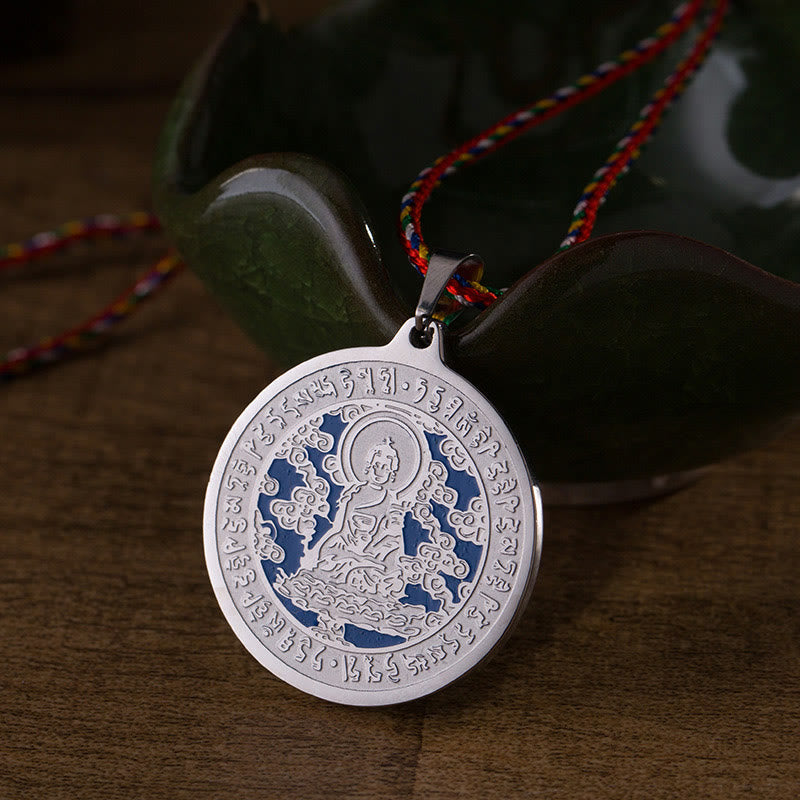 Wear FengShui Blue Medicine Buddha Heart Mantra Titanium Steel Faith Colored Rope Necklace Pendant