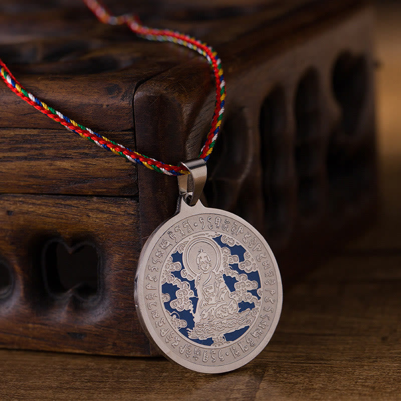 Wear FengShui Blue Medicine Buddha Heart Mantra Titanium Steel Faith Colored Rope Necklace Pendant