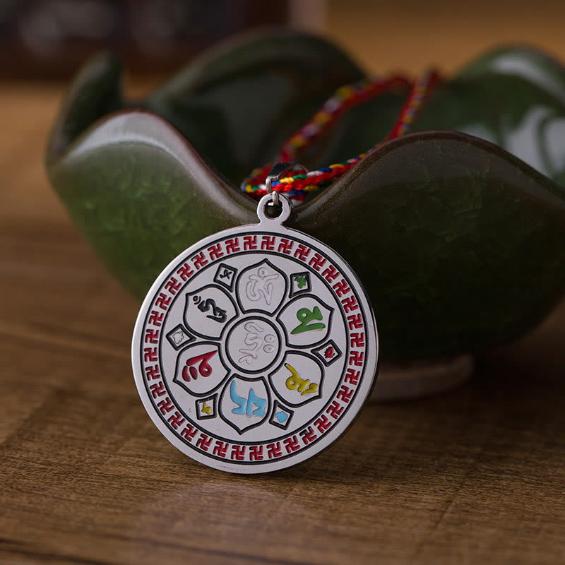 Wear FengShui Colorful Om Mani Padme Hum Titanium Steel Protection Rope Necklace Pendant