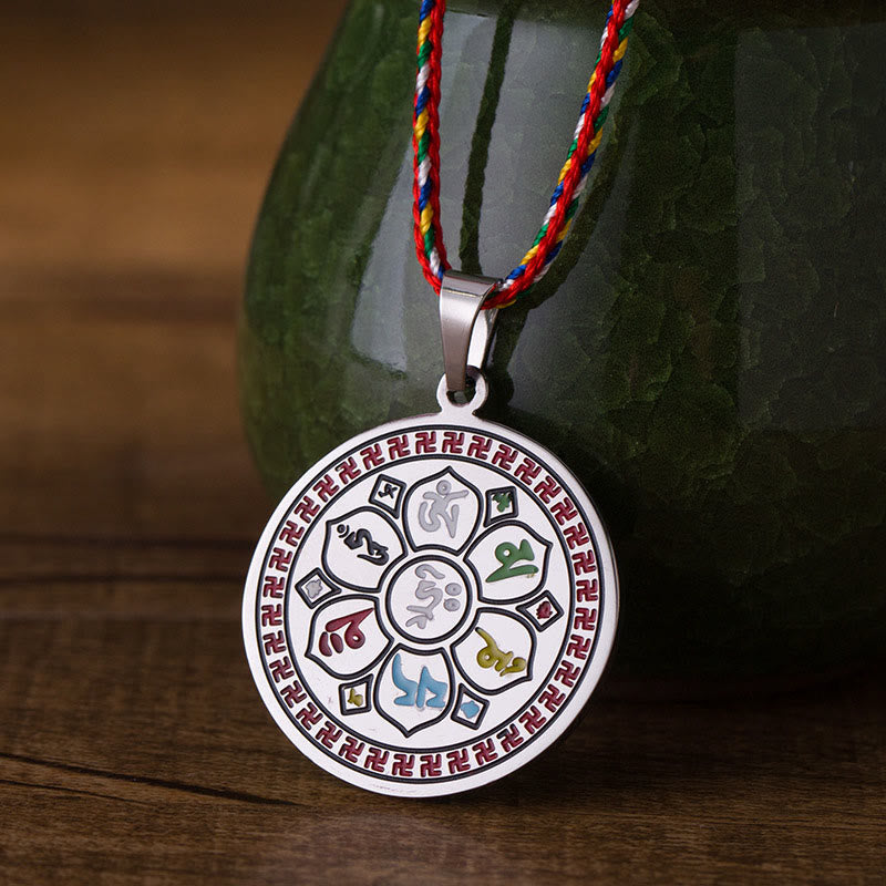 Wear FengShui Colorful Om Mani Padme Hum Titanium Steel Protection Rope Necklace Pendant