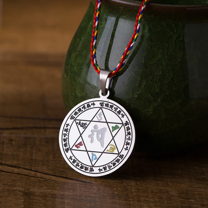 Wear FengShui Colorful Om Mani Padme Hum Titanium Steel Protection Rope Necklace Pendant