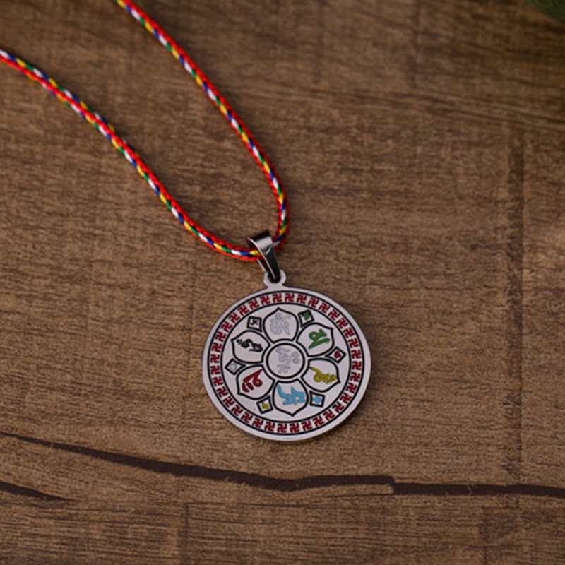 Wear FengShui Colorful Om Mani Padme Hum Titanium Steel Protection Rope Necklace Pendant