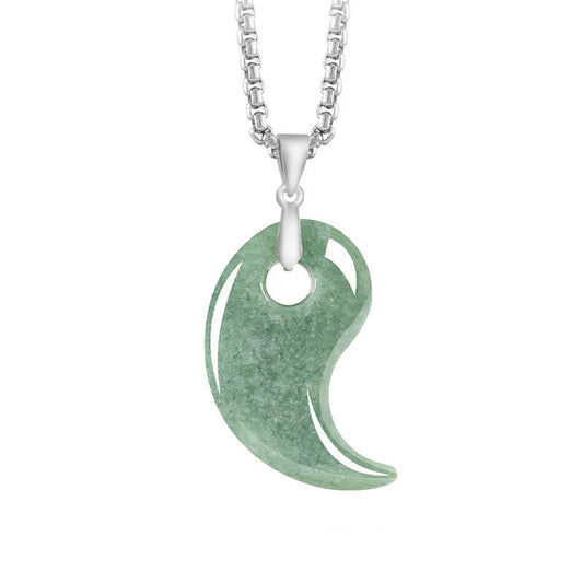 Wear FengShui Teardrop Design Jade Titanium Steel Chain Necklace Luck Pendant