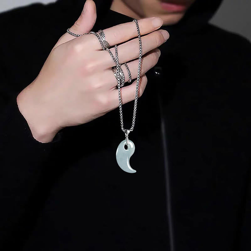 Wear FengShui Teardrop Design Jade Titanium Steel Chain Necklace Luck Pendant