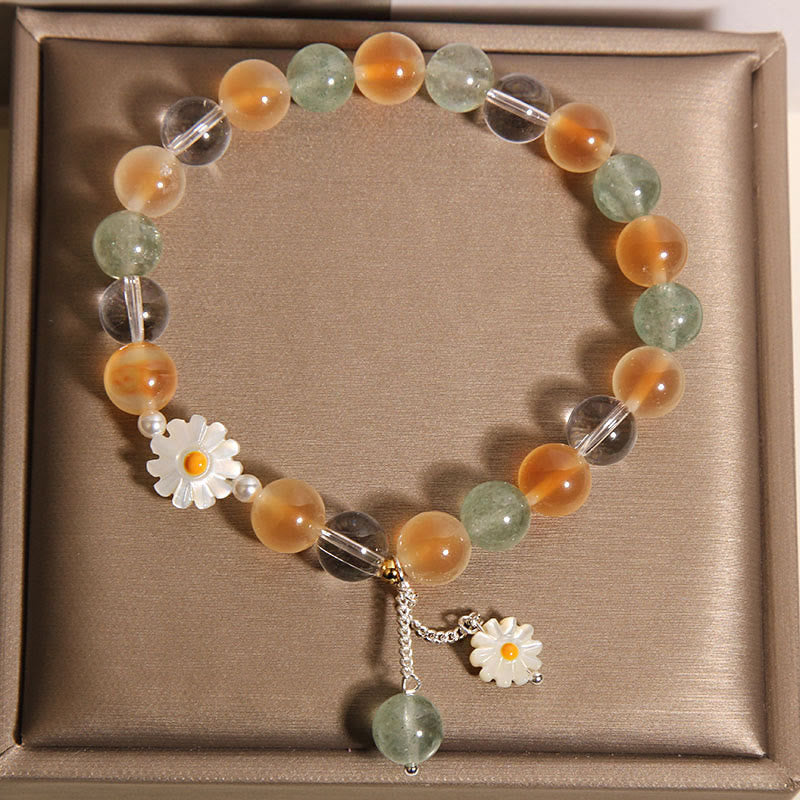Wear FengShui Natural Daisy Candy Agate Green Strawberry Quartz Healing Bracelet