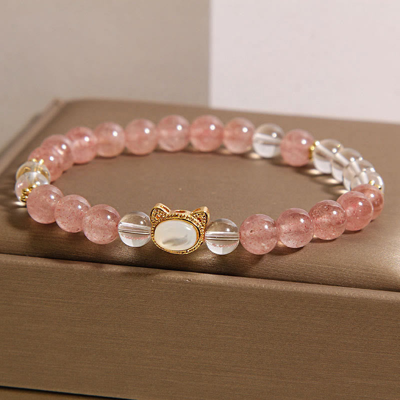 Wear FengShui Cat Natural Strawberry Quartz White Crystal Bead Healing Bracelet