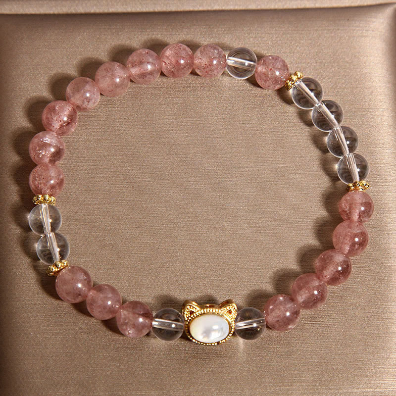 Wear FengShui Cat Natural Strawberry Quartz White Crystal Bead Healing Bracelet