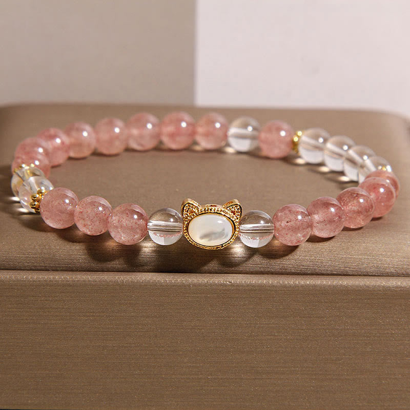 Wear FengShui Cat Natural Strawberry Quartz White Crystal Bead Healing Bracelet