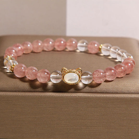 Wear FengShui Cat Natural Strawberry Quartz White Crystal Bead Healing Bracelet