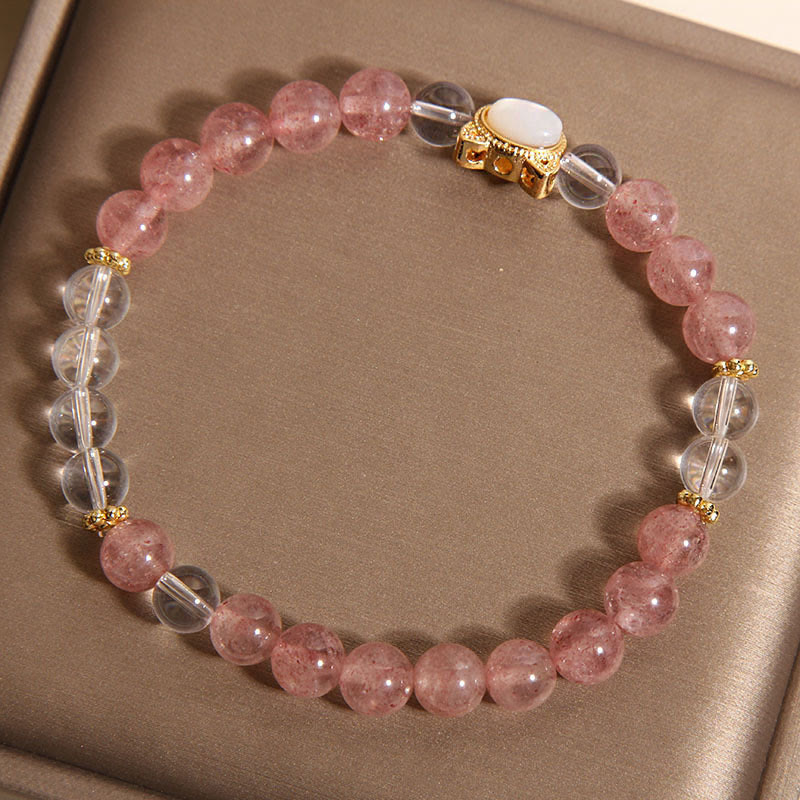 Wear FengShui Cat Natural Strawberry Quartz White Crystal Bead Healing Bracelet