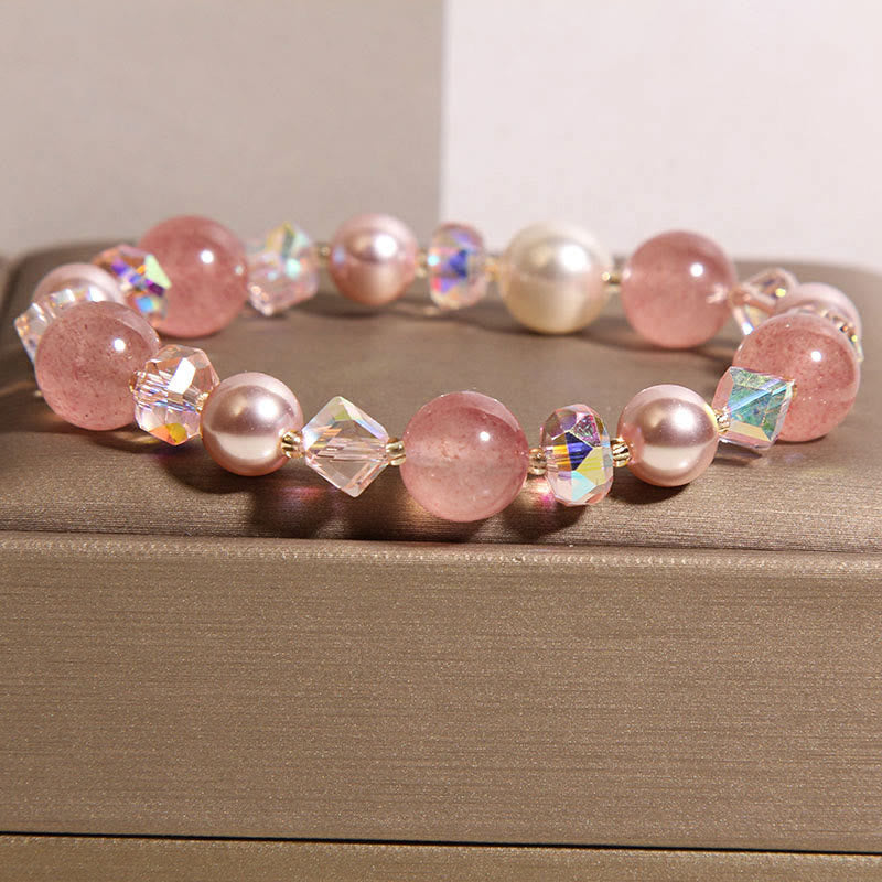 Wear FengShui Natural Strawberry Quartz White Crystal Pearl Positive Bracelet