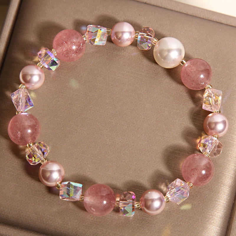 Wear FengShui Natural Strawberry Quartz White Crystal Pearl Positive Bracelet