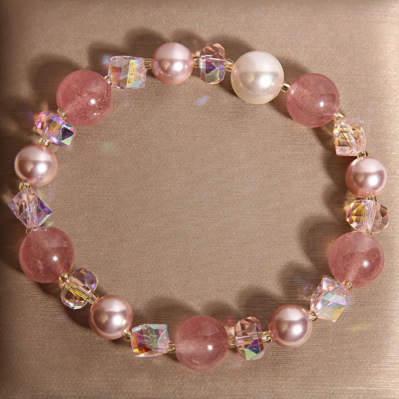 Wear FengShui Natural Strawberry Quartz White Crystal Pearl Positive Bracelet